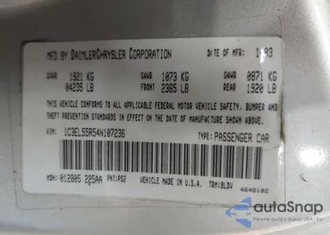 2004 Chrysler Sebring Lxi z USA, uszkodzony, nr VIN 1C3EL55R54N107236